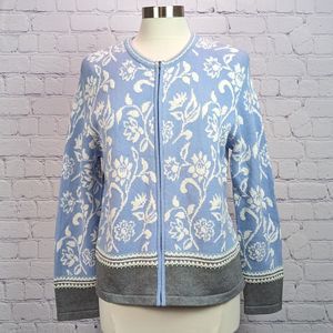 Vintage Talbots Sz L Cardigan Sweater Full Zip Blue White Gray Mint Long Sleeve